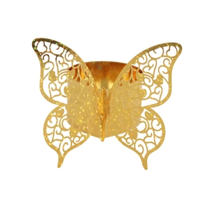 Detail of laser-cut butterfly napkin ring in gold finish with sparkling glitter texture