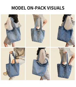 Detail shots of denim tote bag with white bow patterns worn by a model on stairs