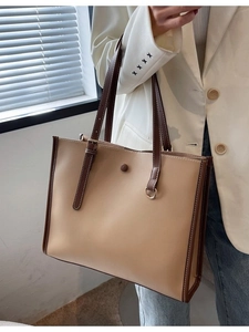 Women Large Capacity PU Leather Tote Bag Contrast Color Stitching Commuter Shoulder Bag Fashion Office Work Handbag Retro Versatile Streetwear