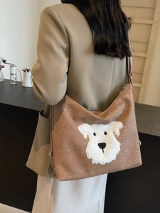 Vintage brown canvas tote bag with a 3D plush dog patch embroidery for women