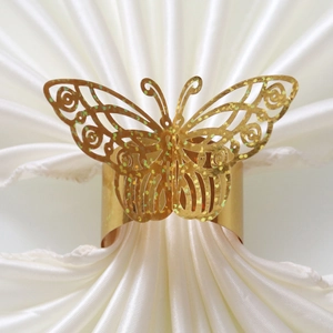 Elegante servilletero de mariposa dorada con diseño calado láser y purpurina