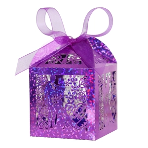 Glittery purple laser cut heart wedding favor box with love motif and organza ribbon