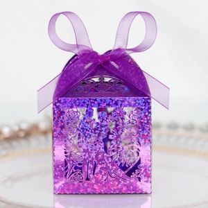 Purple glitter hollow laser cut wedding candy box with bride groom design and ribbon