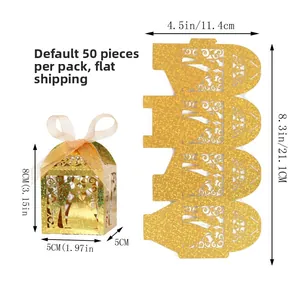 Detailed laser-cut gold glitter wedding favor box with bride and groom pattern