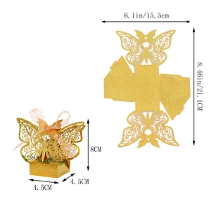 Laser-cut butterfly candy box with gold glitter finish and dimensions on white background