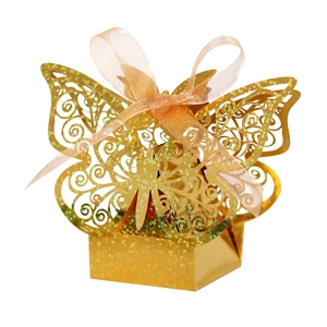Glittering gold laser-cut butterfly wedding favor box with pink ribbon and hollow pattern