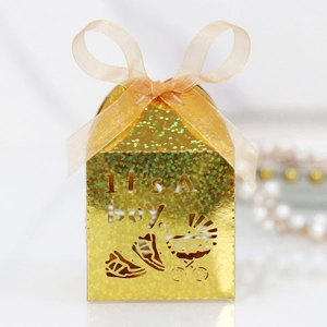 Glitter gold It's A Boy baby shower candy gift box with stroller hollow design and ribbon