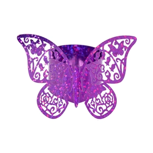 Détail du rond de serviette papillon violet découpé au laser avec finition pailletée