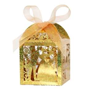 Golden laser-cut wedding candy box with glitter finish and bride and groom silhouette