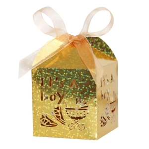 European Style Laser Cut It's A Boy Baby Shower Favor Boxes Glitter Hollow Out Paper Candy Boxes For Gender Reveal Party Decoration With Ribbon