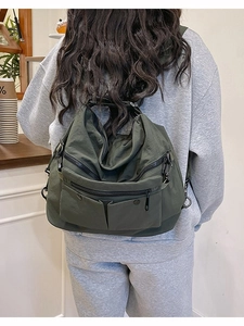 Army green nylon large capacity tote bag with multi-functional pockets for casual style