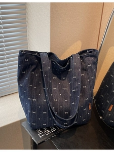 Casual Women Denim Canvas Tote Bag Bow Heart Printed Large Capacity Shoulder Bag Sweet Student Daily Shopping Handbag
