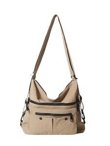 Khaki multi-pocket nylon crossbody tote bag with adjustable shoulder straps and zippers