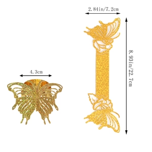 Detailed view of golden laser-cut butterfly napkin rings with dimensions and glitter finish