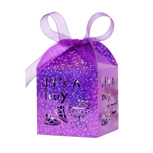 Purple glitter baby shower gift box with It's a Boy hollow design and satin ribbon bow