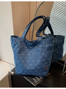 Blue denim tote bag with heart and bow patterns, large capacity shoulder handbag