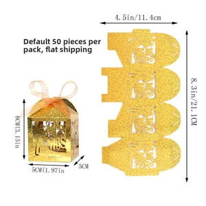 Detail showing 50pcs gold laser-cut Mr & Mrs wedding candy boxes with size measurements