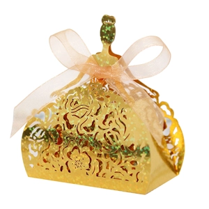 Golden laser-cut princess candy box with glitter roses and pink organza ribbon bow