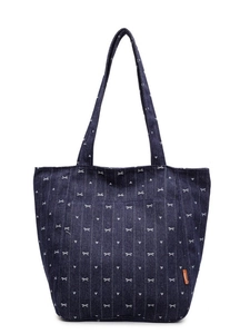 Large denim tote bag with white bow pattern and heart prints for casual daily use