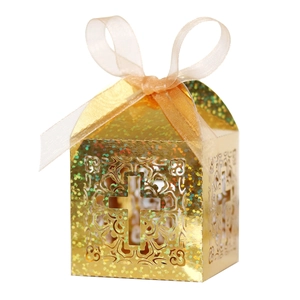 Golden laser cut wedding favor box with cross design and champagne ribbon bow