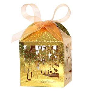 Sparkly gold laser cut Mr & Mrs candy box with ribbon for elegant wedding favors