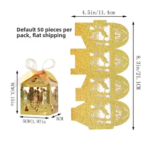 Detail of laser-cut gold glitter favor box with ribbon and thank you couple silhouette