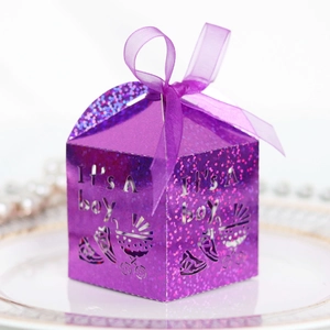 Sparkly purple baby shower gift box with It's a boy laser-cut hollow design and ribbon
