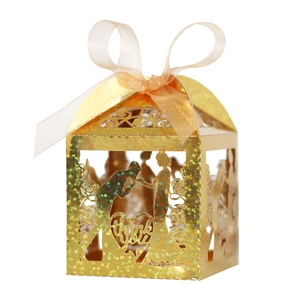 Laser cut wedding favor box in glitter gold with bride groom silhouette and thank you ribbon