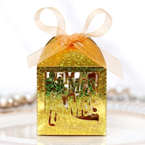 Golden Mr & Mrs laser cut wedding favor box with glitter finish and orange organza bow