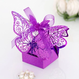 Glitter purple laser cut butterfly favor box with ribbon for wedding party favors