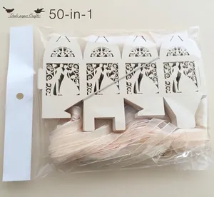 50er Set lasergeschnittene Hochzeit-Gastgeschenke mit Band und Brautpaar Silhouette