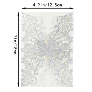 Detailed dimensions of silver glitter laser-cut invitation card showing 12.5cm by 18cm