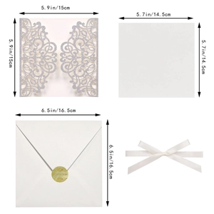 Detailed view showing dimensions of laser cut wedding invitation with silver glitter sleeve