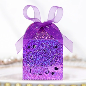 Purple glitter elephant laser cut favor box with a purple ribbon bow for party gifts