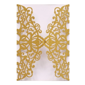 Golden glitter laser cut wedding invitation card with elegant European scroll pattern