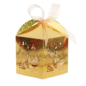 Glittery gold laser-cut baby shower favor box featuring IT'S A BOY text and stroller design