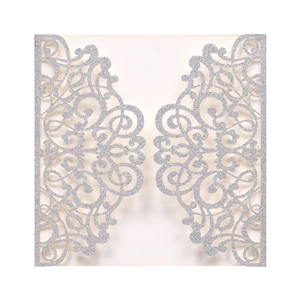Laser cut glitter silver wedding invitation card with intricate hollow floral pattern