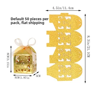 Flat-lay view showing 50pcs gold glitter bear cut-out gift boxes with ribbon and dimensions