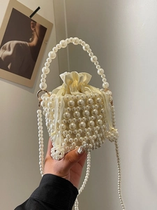Elegant Handmade Artificial Pearl Woven Bucket Bag Luxury Satin Drawstring Inner Handbag For Wedding Party Women French Retro Crossbody Bag