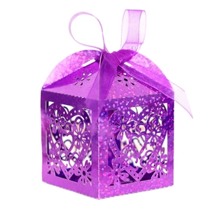 Purple glitter laser cut favor box with heart patterns and silk ribbon for wedding candy