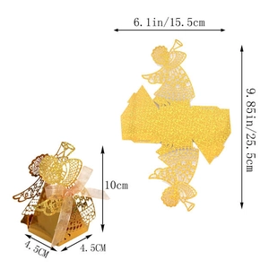 Detail of laser-cut gold angel candy box with dimensions 10cm height and 4.5cm base