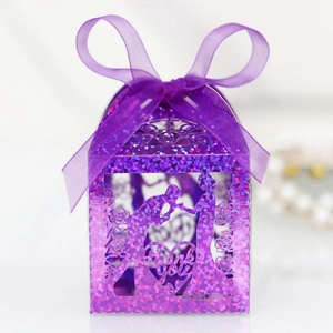 Detailed laser-cut purple glitter favor box with 'Thank You' heart and romantic ribbon