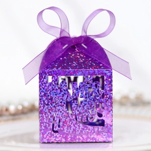 Elegant purple glitter laser cut wedding favor box with Mr and Mrs design and ribbon bow