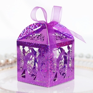 Purple glitter laser cut wedding favor box with ribbon and romantic couple silhouette