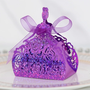 Detail of purple glitter princess dress favor box with laser-cut floral patterns