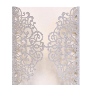 Laser cut silver glitter wedding invitation card with intricate filigree pattern