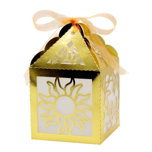 Laser Cut Hollow Sun Flower Gold Paper Gift Box For Wedding Party Favor Candy Chocolate Packaging With Ribbon Luxury Decorative Box
