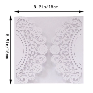 Detailed laser-cut hollow lace wedding invitation sleeve showing 15cm size measurement