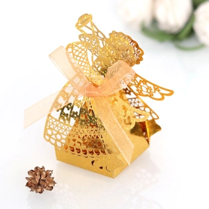 Elegant gold hollow laser-cut angel candy gift box with orange ribbon for wedding party