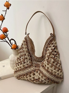 Women Large Capacity Knitted Woven Tote Bag Hollow Crochet Geometric Pattern Shoulder Bag Summer Beach Vacation Shopping Bag